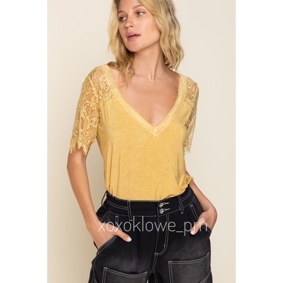 1 S POL Pinky Buttery Soft Lace Sleeve V Neck Tee - Picture 12 of 15
